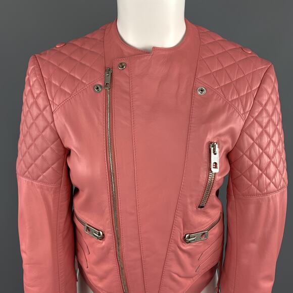 BALENCIAGA Size 6 Pink Quilted Leather Moto Biker Jacket - Picture 3 of 9
